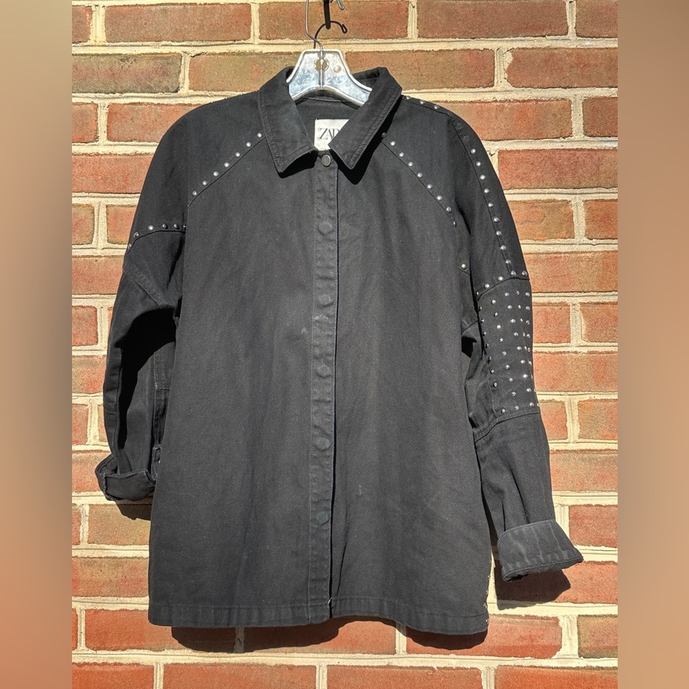 ZARA Studded Overshirt Shacket Black Medium Edgy Western